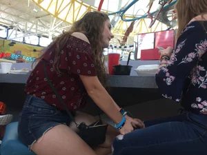 Girl in Denim Shorts Sitting on a Stool With Spread Legs Food Court Creepshots