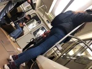 Nice Thin Legs and Small Booty in Blue Tight Jeans in the Subway Train Candid Pics