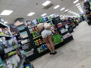 Grocery store blonde with a nice ass in tight white shorts