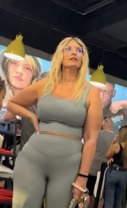 Plump Dumpy Blonde MILF in turquoise two-piece Spandex