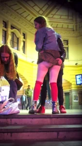Girl in Red Knee Socks and Short Skirt Flashing Ass at the Railway Station Candid