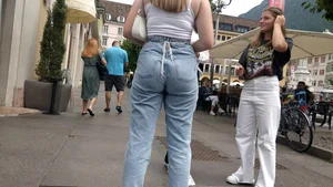 Student in tight jeans out and about
