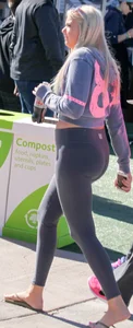 Thick blonde out in grey leggings with a nice ass