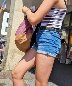 A Cute Teen Girl in Blue Jean Shorts With Hot Slim Legs Street Creepshots