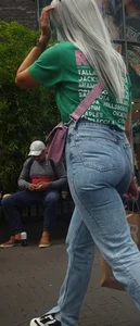 Blonde girl wearing blue jeans with a great ass street creepshots