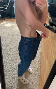Topless Girl in White Socks And Oversized Jeans Home Selfie in the Mirror