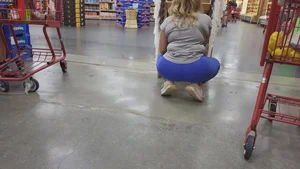 Short Blonde MILF Pawg In Blue Leggings (VPL)