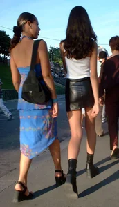 Very Skinny Tall Girl in Leather Skirt Street Candid