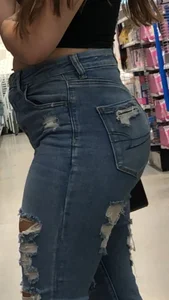 Thicc brunette in tight jeans has a little captain in her