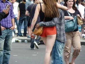 Hot Pale Legs in Red Mini Shorts Street Creepshot - Great Ass Too
