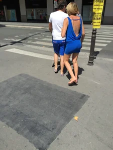 Blonde milf in tiny blue skirt with vpl