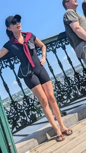 Very slim asian in black short legging. (VPL) OC