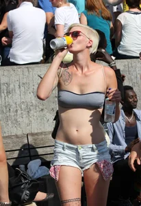 Boobs out in public in either bikini tops or bras