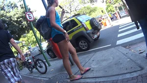 Skinny sexy girl buying ice cream in tight spandex shorts with a nice ass, gap, and camel toe