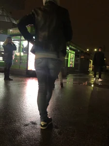 Cute Girl in Leather Jacket and Tight Jeans - Late Evening City Creepshot