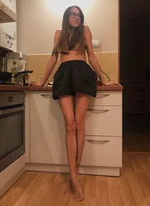 Wife in Shorts with Bare Feet Kitchen Candid