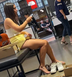 Top Tier Teen Trying on Shoes in Thin Yellow Shorts - Thorough Inspection