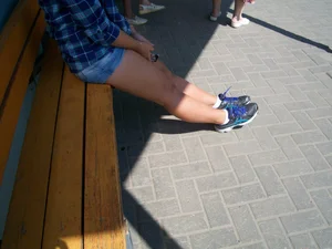Chubby Girl in Denim Mini Shorts Sitting on a Bus Stop City Candid