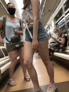 Cute And Slightly Awkward Tall Teen Girl in a Top and Denim Shorts Subway Train Candid Photos