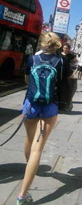 Blonde babe walking in blue spandex shorts