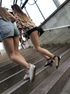 Cute Girls in Mini Shorts and Sexy Legs Walking Up the Stairs