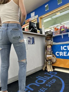 Petite Brunette Babe Tight Torn Jeans
