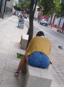 Long-legged girl, distracted