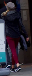 Blonde in tight red leggings and cute ass on the street