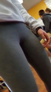Blonde Girl’s Booty in Grey Leggings College Classroom Creepshots Collection