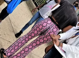 Ebony babes in pink patterned and black leggings with nice asses