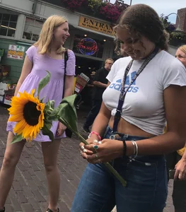 Big boobed babe with no bra and blonde friend with tiny boobs