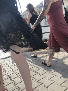 Hot Tattooed Legs in Slippers Street Creepshot