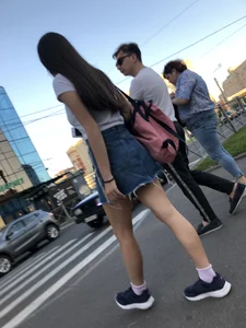Girl in Denim Skirt with Hot Skinny Legs Street Candid