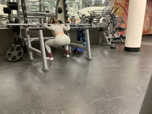 Hot gym babe in grey leggings with a nice ass doing squats