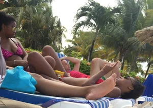 Black friends at the pool in bikinis