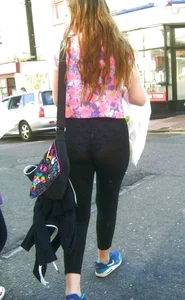See through leggings girl with a nice ass and purple patterned panties