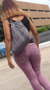 Black babe with a nice ass in tight jeans and vpl