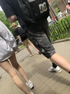 Blonde candid teen in shorts with hot slim legs street creepshots