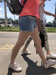 Candid girls passing by, denim shorts and nice pale legs