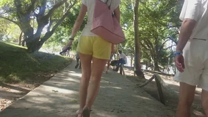 Milf in yellow shorts with vpl and a wedgie
