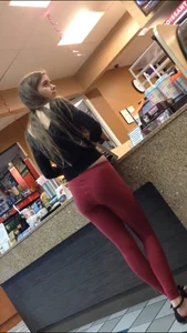 Red leggings at dunkin