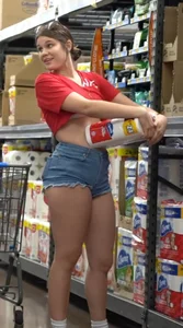 Screenshots from a prank video of a girl in denim shorts showing cheeks