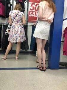 Redhead in Sandals and Skirt with Skinny Legs Candids