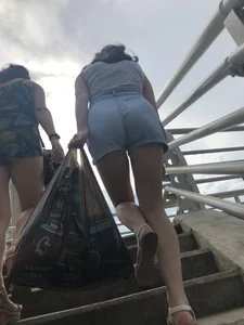 Sexy Butt And Legs in Denim Shorts - Candid Girl in Sandals Walking Up the Stairs Creepshots Gallery
