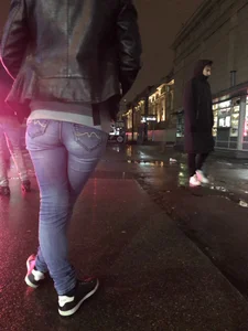 Cute Girl in Leather Jacket and Tight Jeans - Late Evening City Creepshot