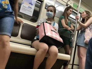 Subway Candid Girl in a Mask And Shorts - Long Sexy Legs With a Mole Train Creepshots
