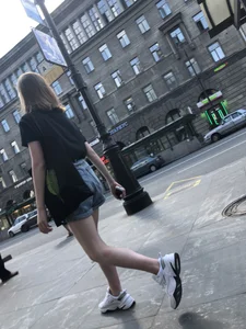 Candid Teen in Denim Shorts And Sneakers With Slim Legs Street Photos