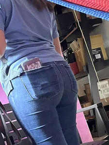 Awesome big ass in tight blue jeans closeup