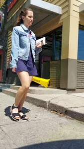 Blonde blue skirt and sandals