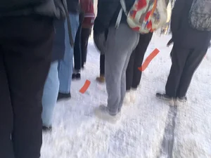 Booty of a Teen Girl With a Backpack in Loose Grey Pants Street Winter Creepshots
